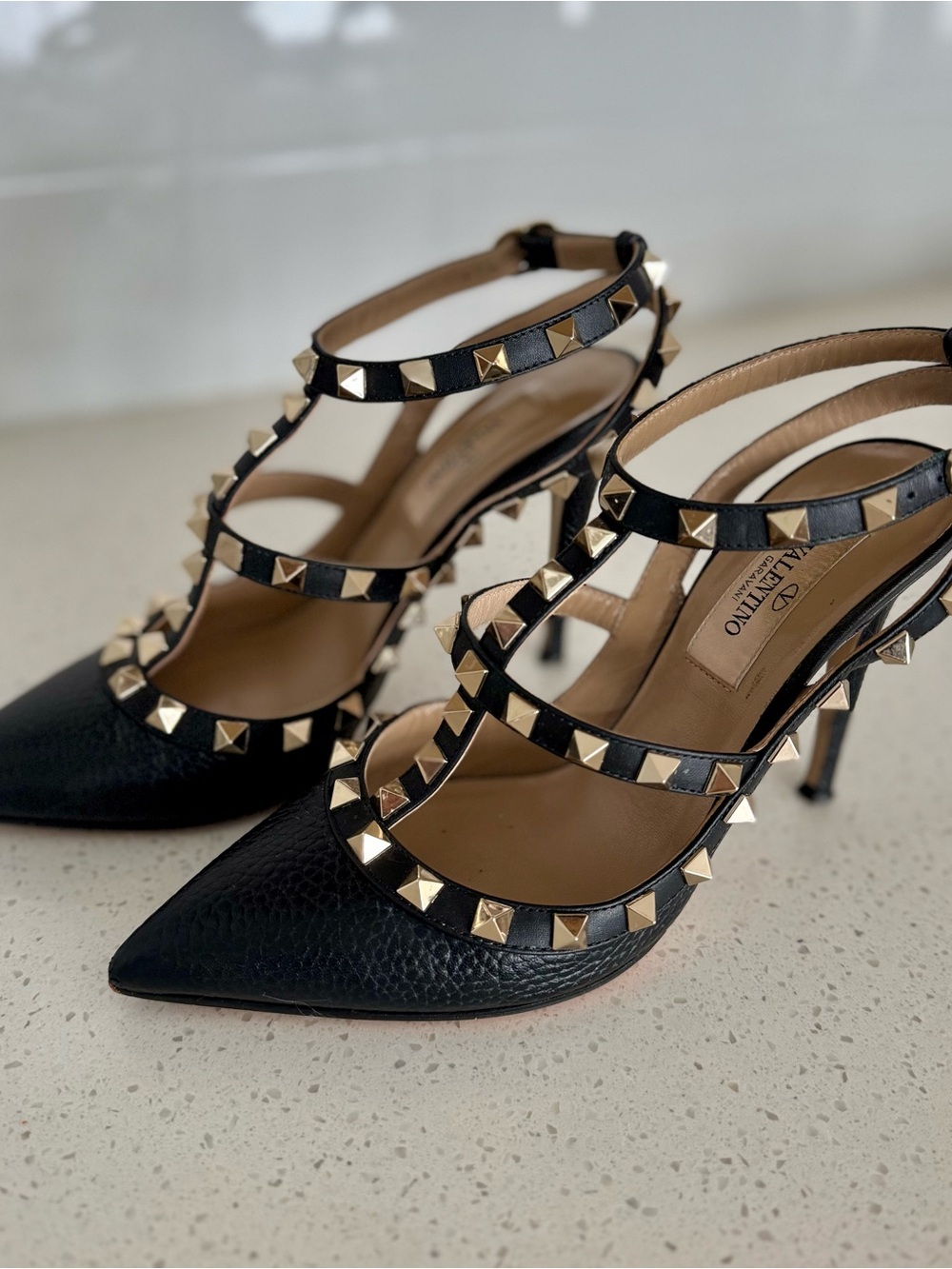 Valentino Black Leather T-Strap Rockstud Heels with Gold Studs - Picture 3 of 6